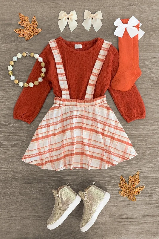 Orange Knit Sweater Plaid Suspender Skirt Set