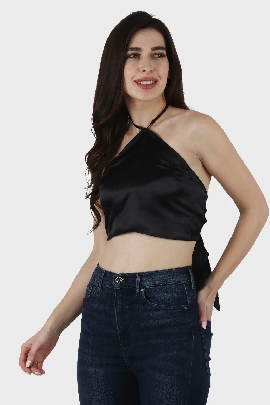 Black Solid Backless Single Tie Top