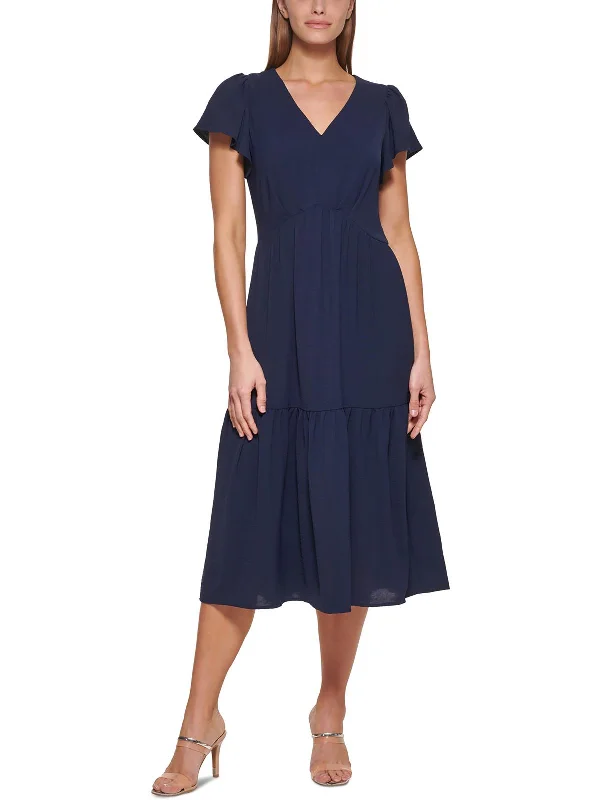 Womens Crinkle Midi Fit & Flare Dress