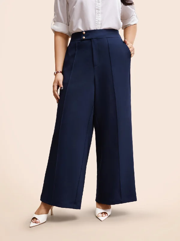 Stretch Woven Metal Buckle Wide Leg Pants