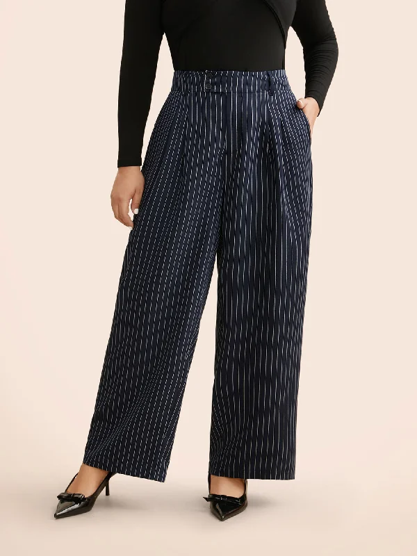 Striped Button Detail Mid Rise Wide Leg Pants